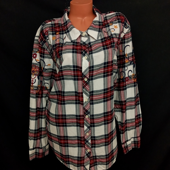 3X (24W-26W) Terra & sky FLORAL EMBROIDERED plaid button down top - Picture 1 of 10